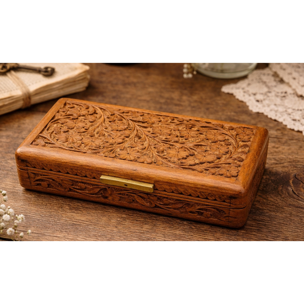Vtg Wooden Trinket Box Floral Hand Carved India Handcrafted Collectible Jewelry